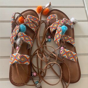 Strappy Colorful Beaded Sandals with Pom Poms